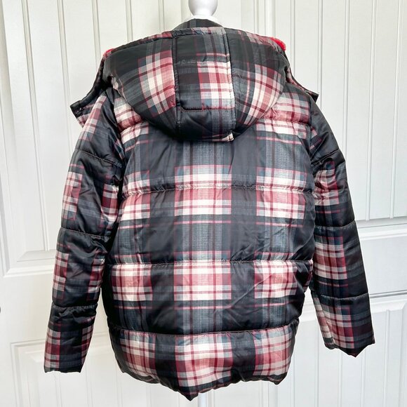 Urban Republic Women's Black & Red Plaid Faux Fur-Lined Hooded Puffer Jacket- Lg - Picture 6 of 12